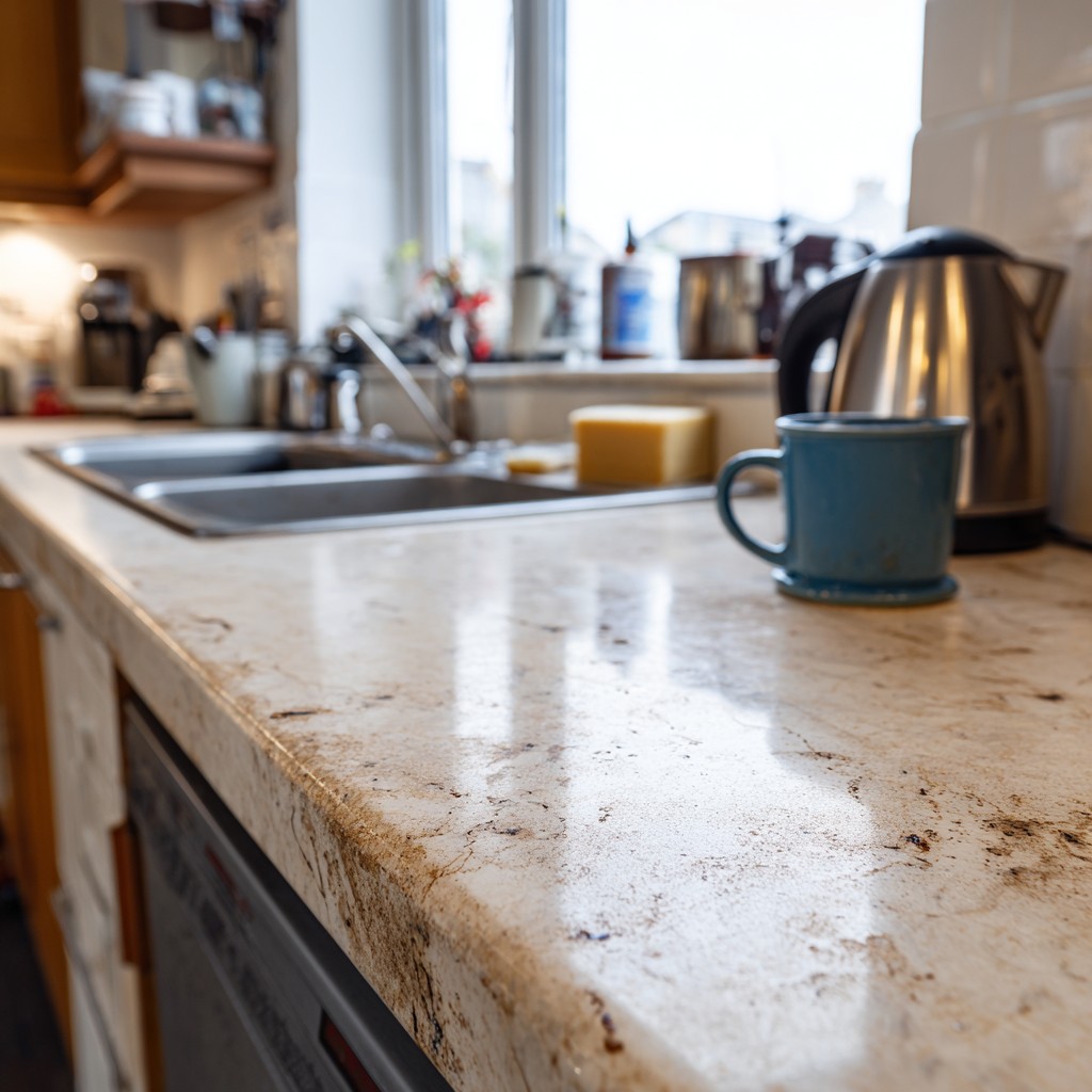 an old, deeply settled stain on a marble kitchen countertop in a standard London flat kitchen