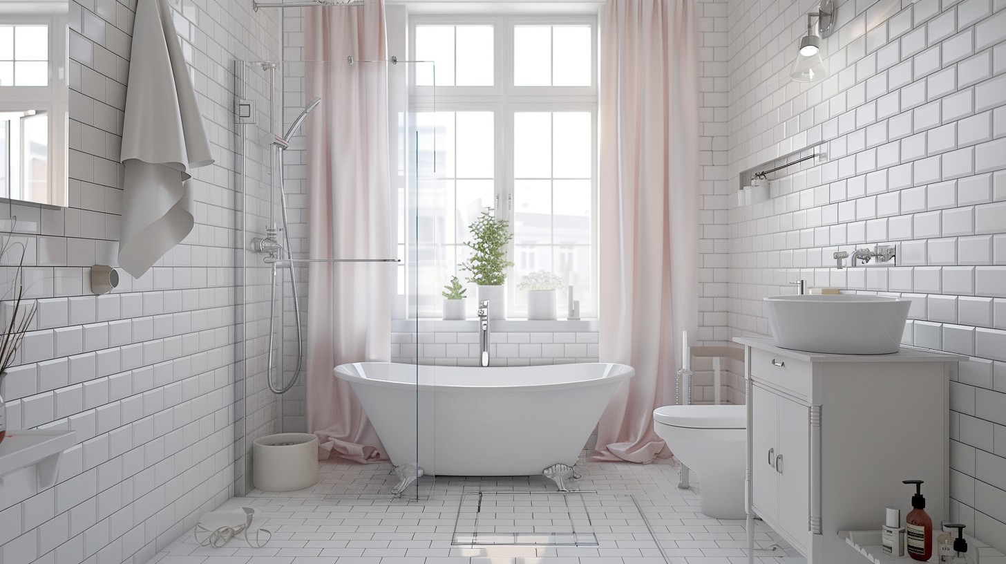 London apartment bathroom interior, small modern flat bathroom with white ceramic wall tiles